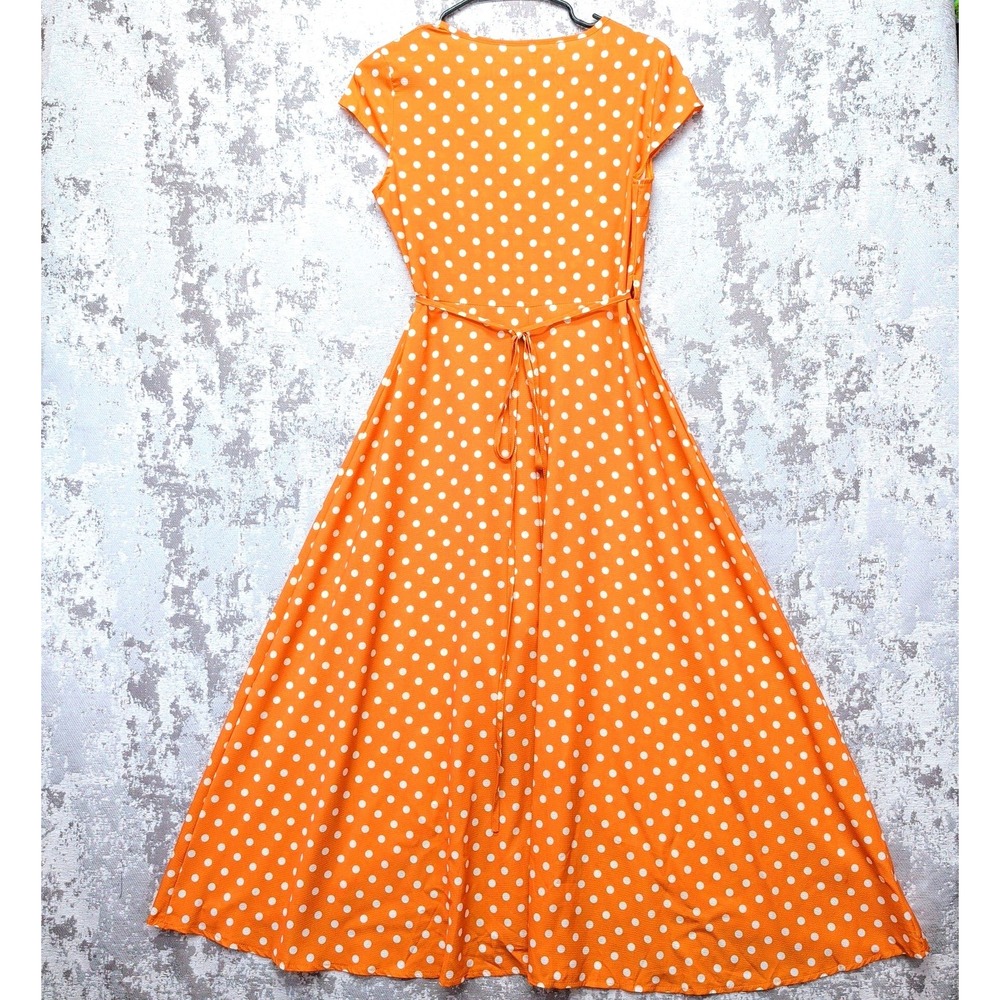 LIVAGIRL Orange Polka Dot High-Low Wrap Dress Small V-Neck Short Sleeve New - Picture 10 of 15
